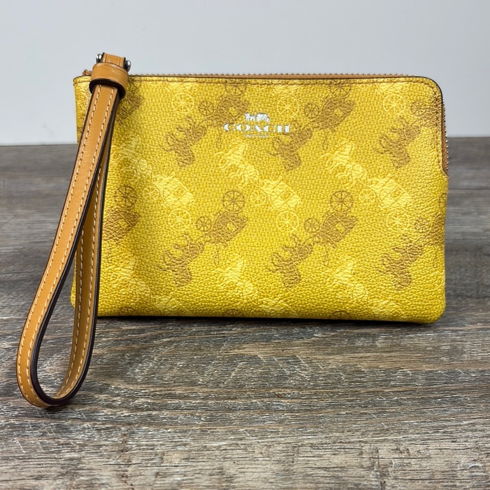Coach Small Yellow Zip Around Wristlet Horse and Carriage Print